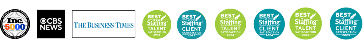 Awards that Scion Staffing was given as an Award-Winning San Francisco Recruiting Agency from Inc. 5000, CBS News, The Business Times and Best of Staffing